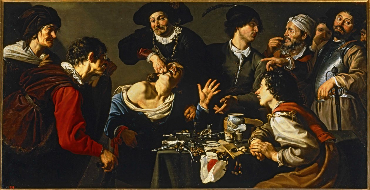 De charlatan tandarts ... (schilderij op canvas) door Theodor Rombouts