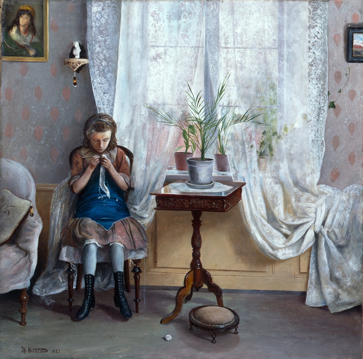 Interieur met meisje dat haakt door Theodor Kittelsen