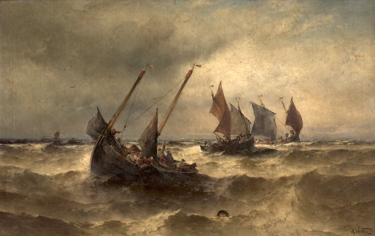 Vissersboten op zee door Theodore Weber