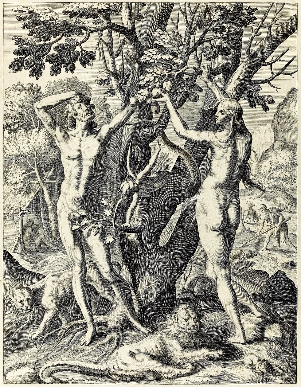 Adam en Eva in de Tuin van Eden door Theodore de Bry