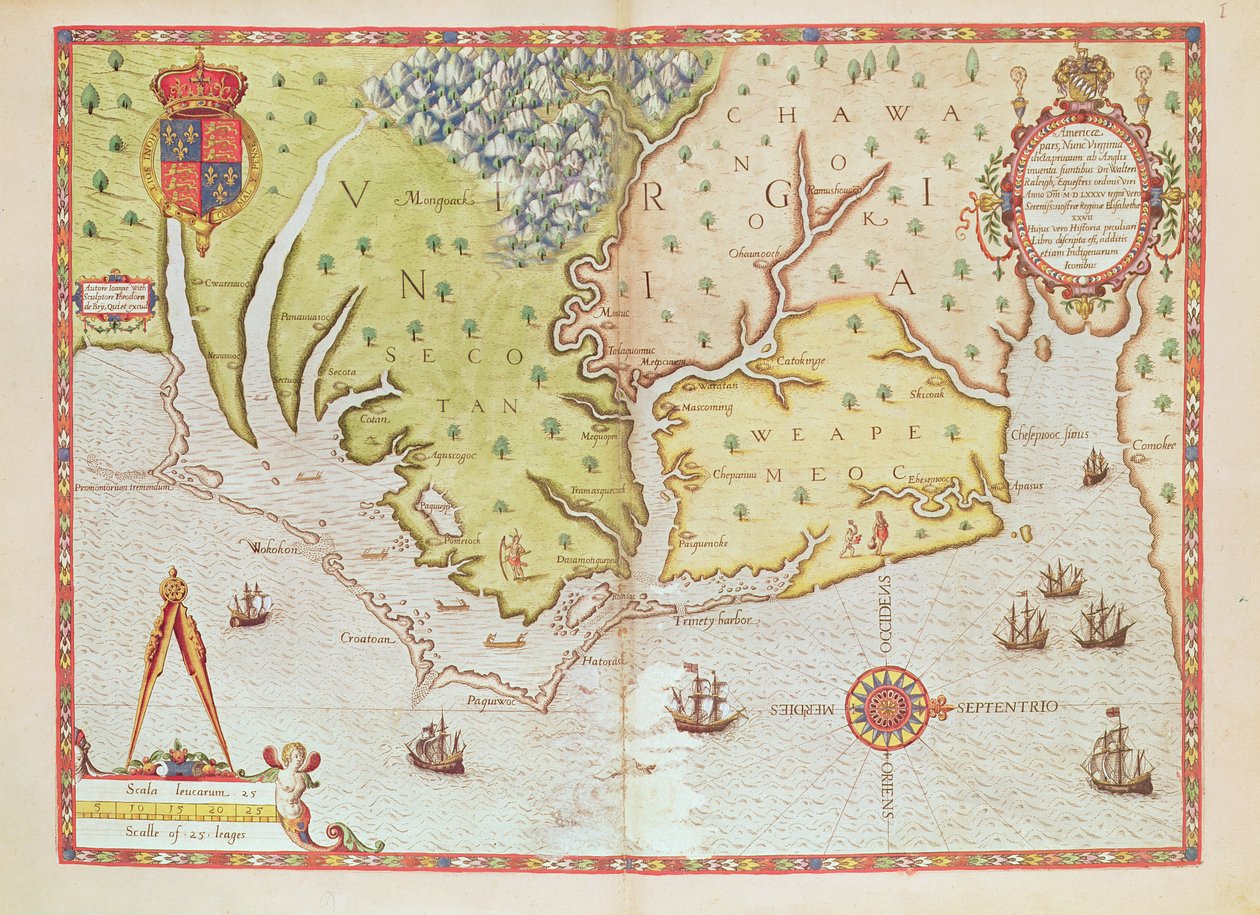 Admiranta Narratio... Kaart van Virginia (pagina 44-45), 1585-1588 (kleurgravure) door Theodore de Bry