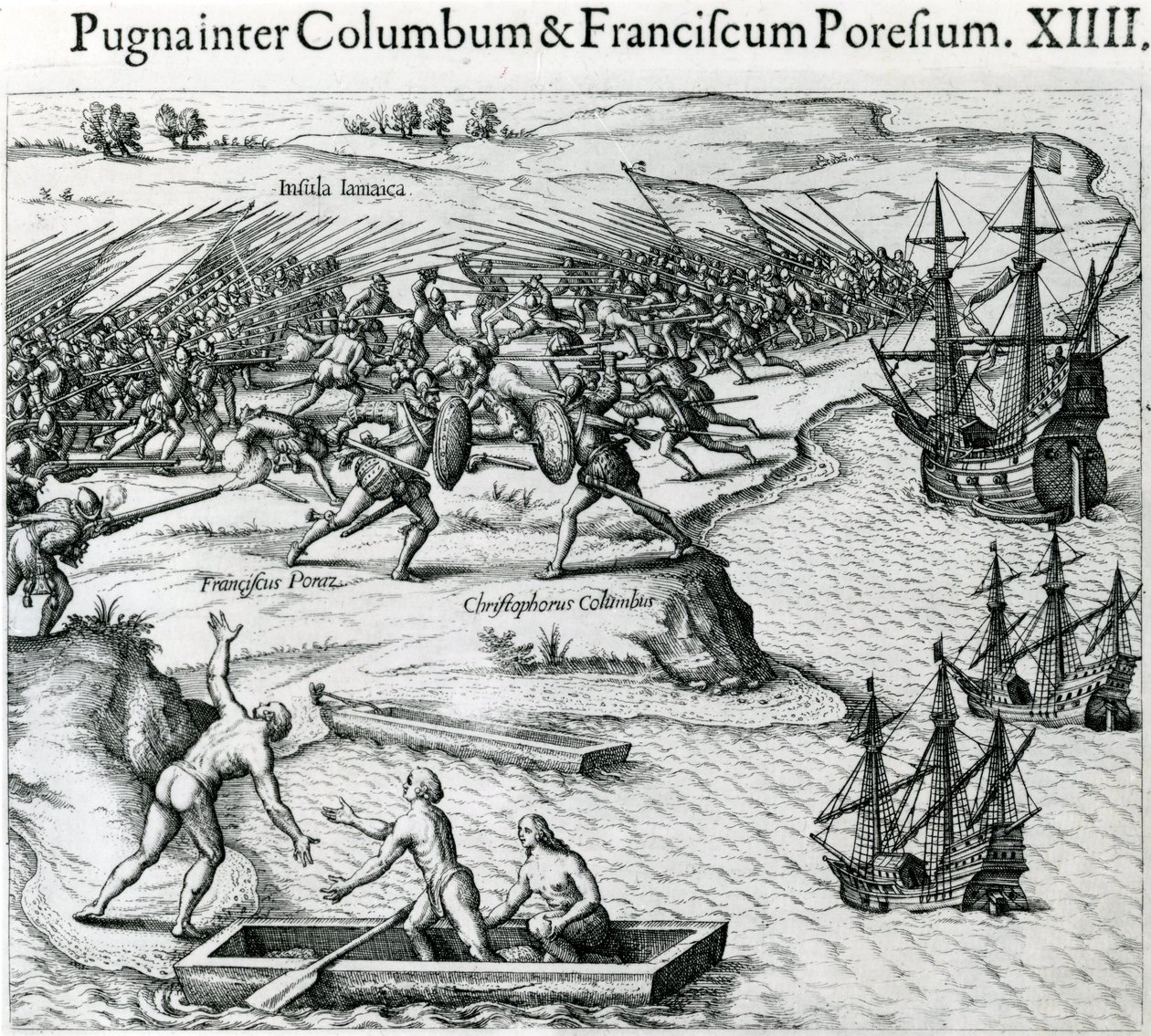 Slag in Jamaica tussen Christopher Columbus (1451-1506) en Francisco Poraz, 1504, uit 