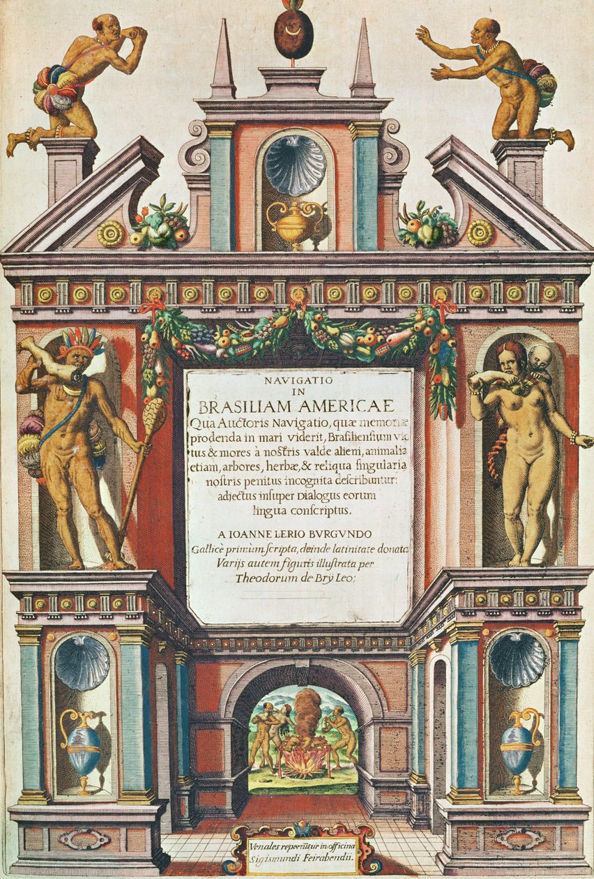 Navigatio in Brasiliam Americae. Frontispice (pagina 447), 1563 door Theodore de Bry