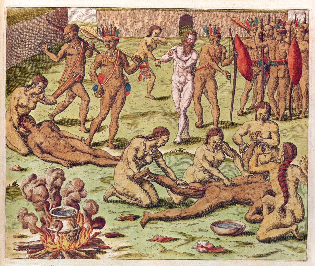 Navigatio in Brasiliam Americae, Offer van een Barbaar (pagina 525), 1563 door Theodore de Bry