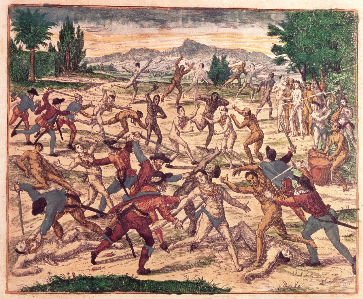 Pedro de Alvarado en zijn soldaten die de Azteken afslachten, c.1520 door Theodore de Bry