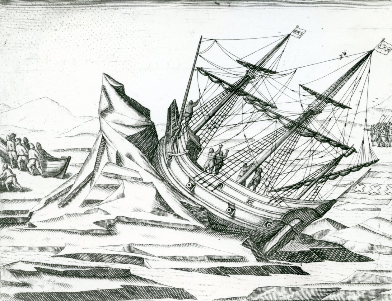 Zeilschip gestrand op ijsberg, illustratie uit 