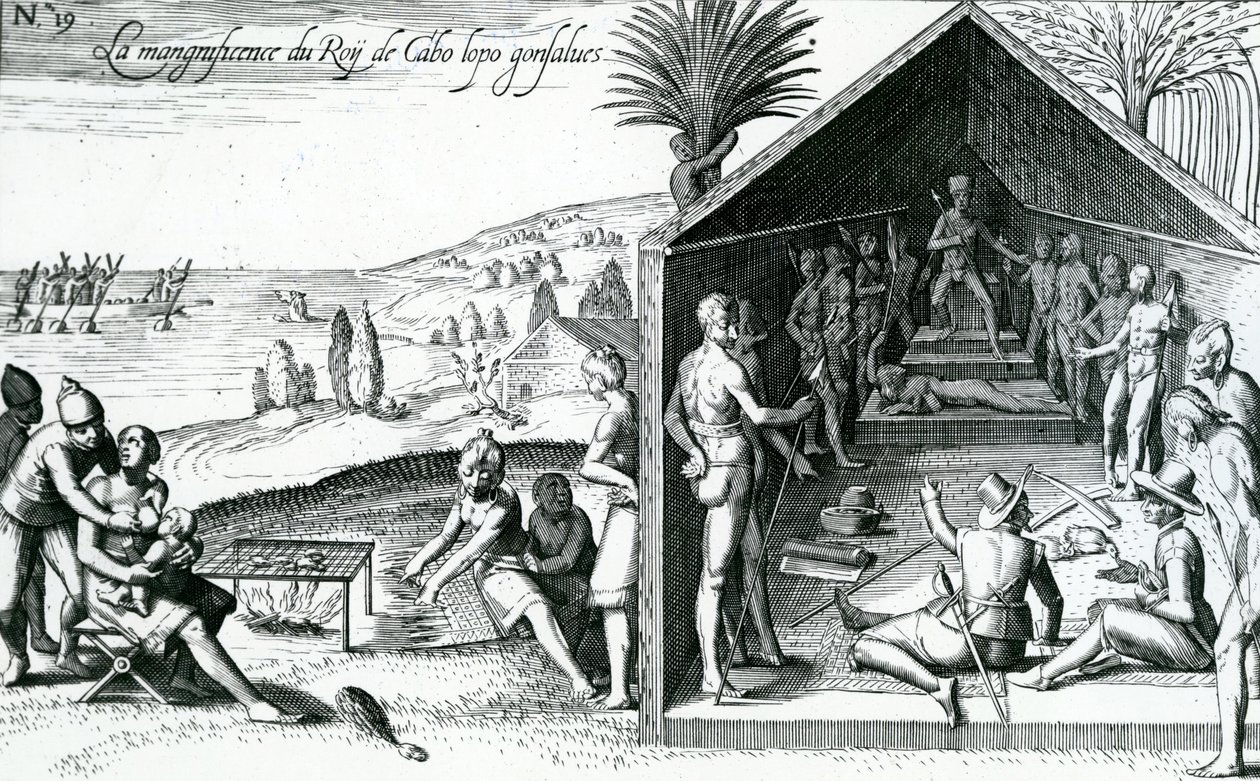 De koning ontvangt Europese bezoekers, Kaap Lopez, Gabon, Afrika, 16e eeuw door Theodore de Bry