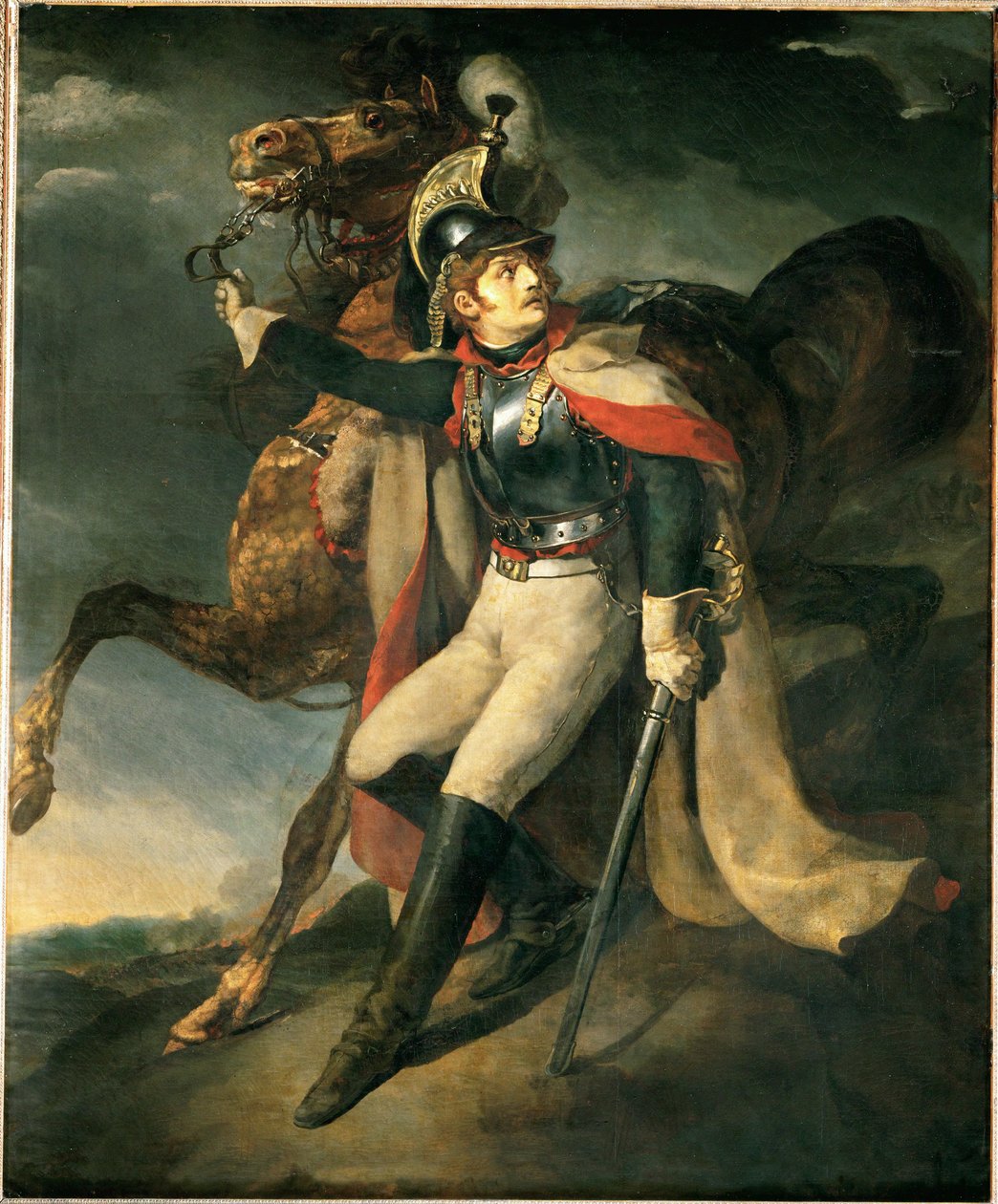 Gewonde dragonder verlaat kruisvuur ... door Theodore Gericault