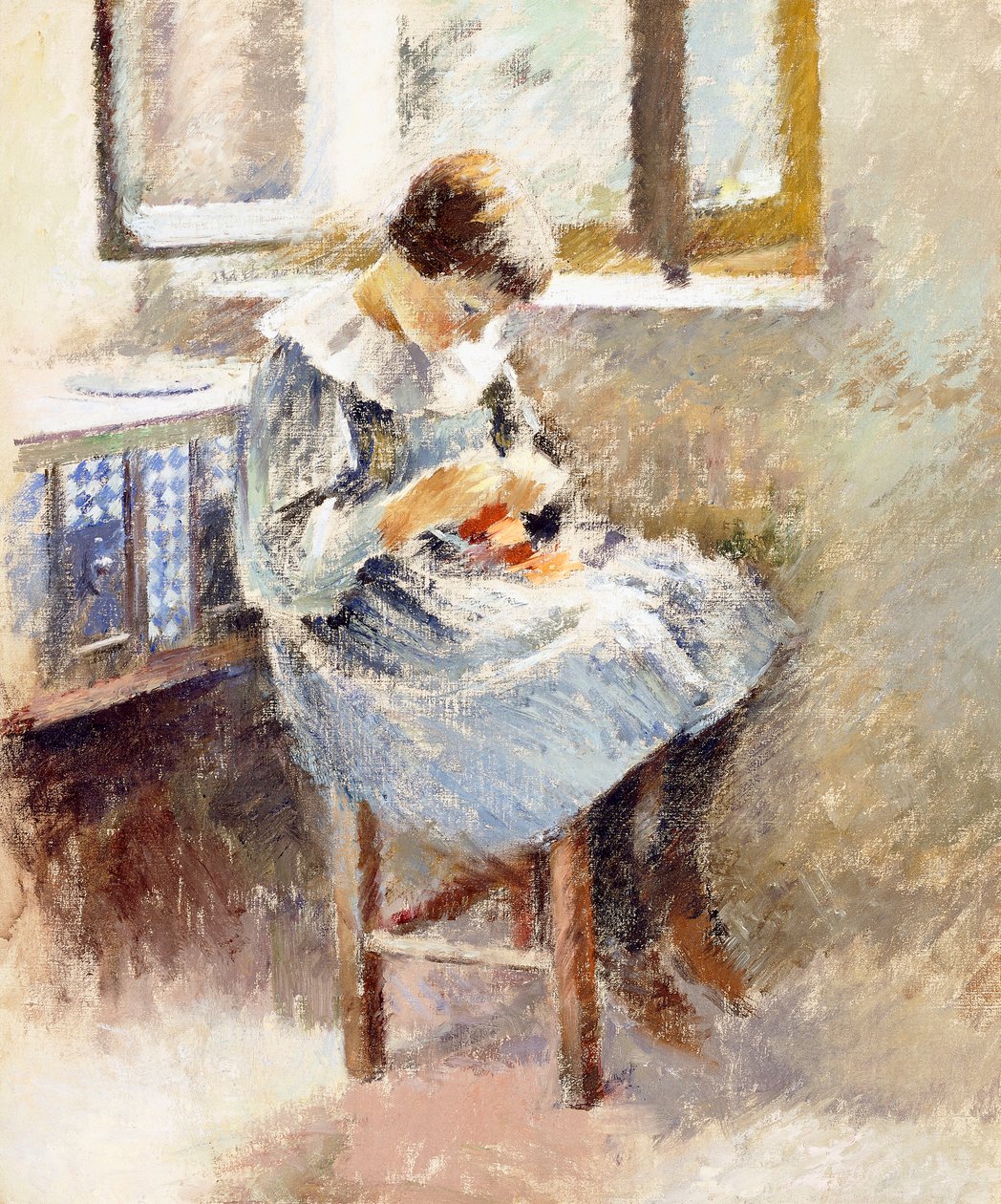Meisje aan het naaien door Theodore Robinson