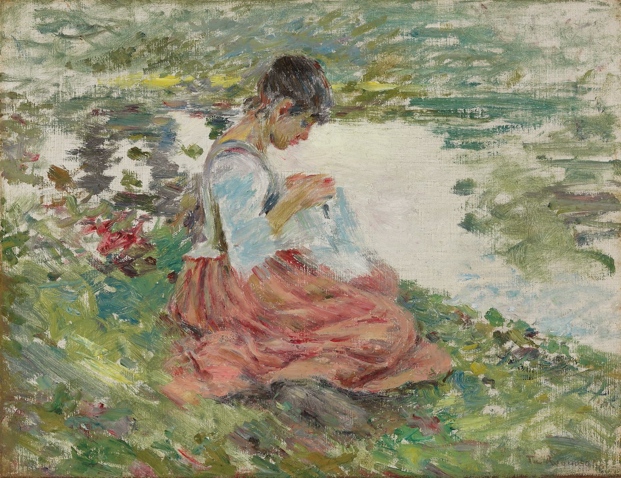 Meisje dat naait bij de rivier, ca. 1891 door Theodore Robinson