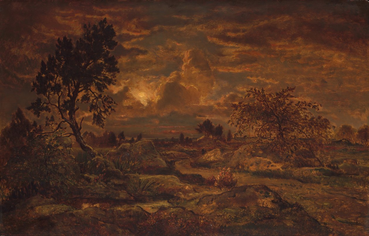 Zonsondergang bij Arbonne, ca. 1860-65 door Theodore Rousseau