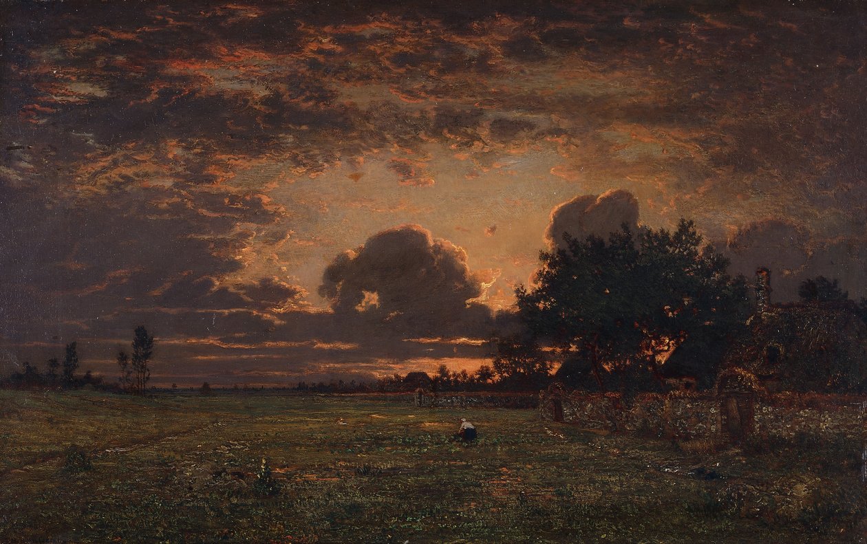 Zonsondergang over de vlakte van Barbizon door Pierre Etienne Theodore Rousseau