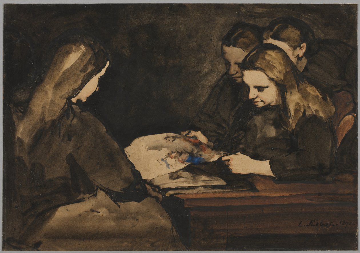 Vier meisjes die een tekening bestuderen door Theodule Ribot