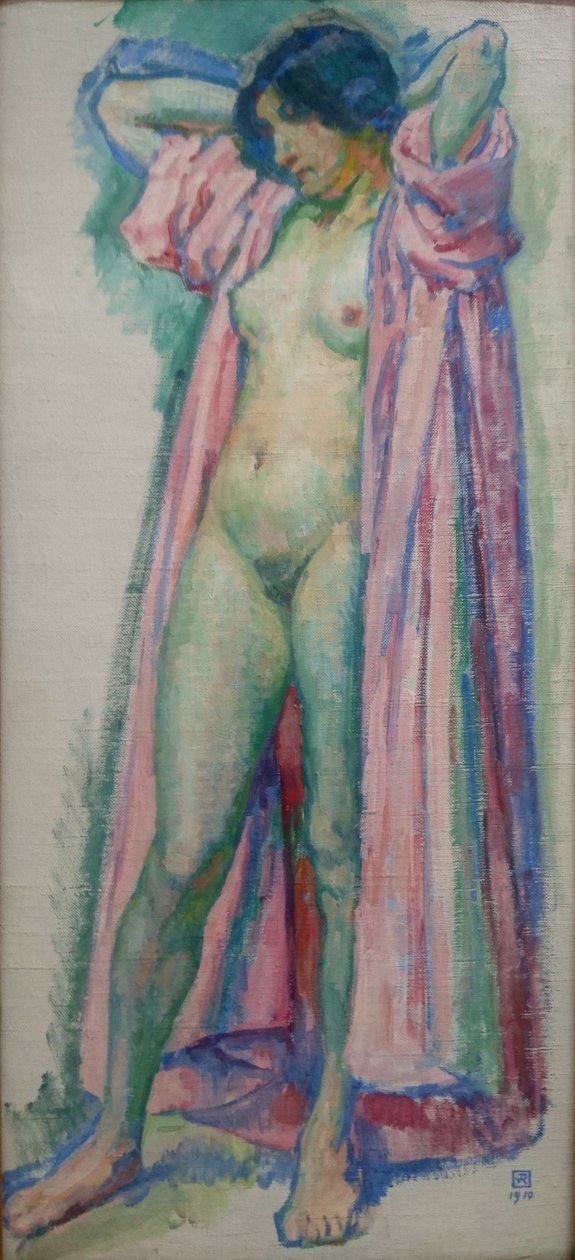 Vrouw in roze peignoir door Théo van Rysselberghe