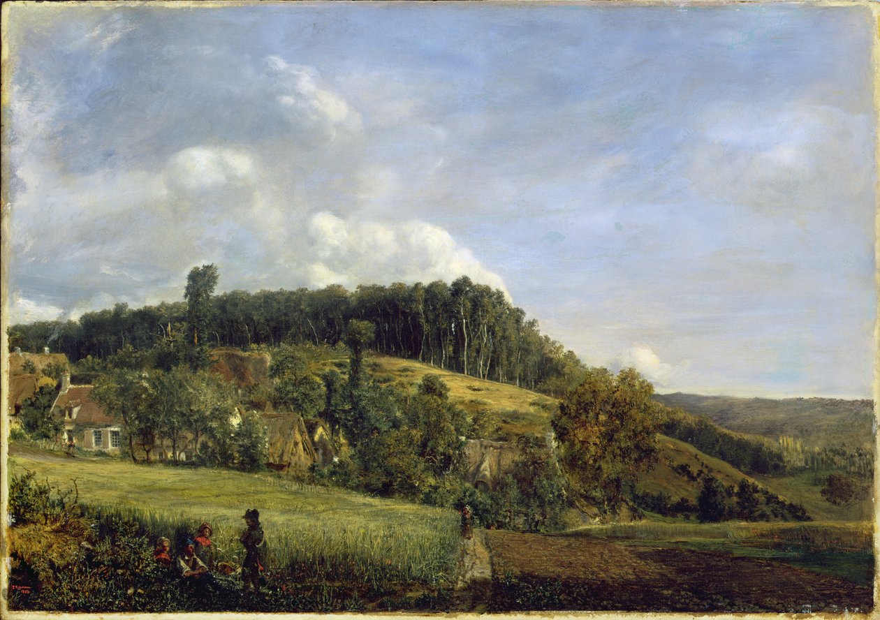 Bosglade bij een Dorp door Pierre Etienne Theodore Rousseau