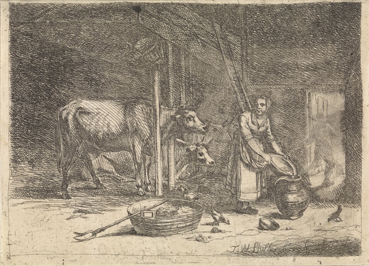 Koeienstal met melkmeid door Théodore Wynant Stallenbergh