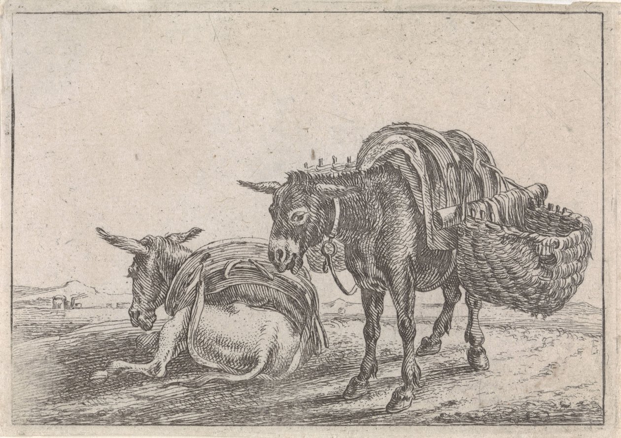 Twee muildieren door Théodorus van Kessel