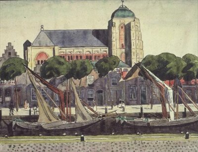 De kerk en haven in Verre door Thomas Austen Brown