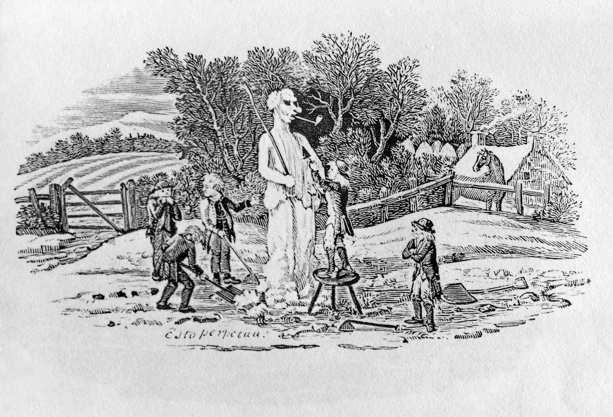De Sneeuwman bij Cherryburn (Esto Perpetua), uit Landvogels, ca. 1797 door Thomas Bewick