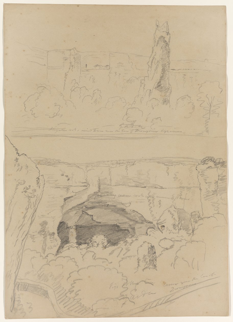 Rots, torenruïnes en grot nabij het oor van Dionysius, Syracuse, Sicilië, 1842 door Thomas Cole