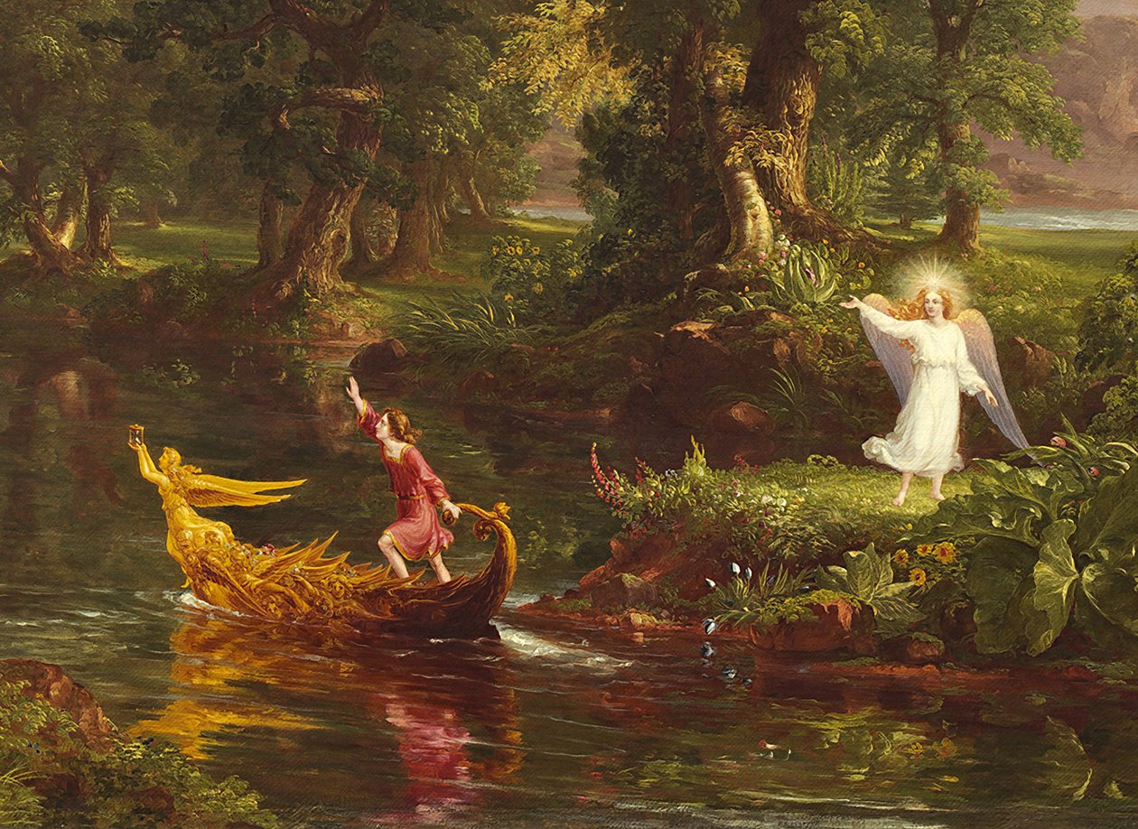De Reis van het Leven: Jeugd (detail) door Thomas Cole