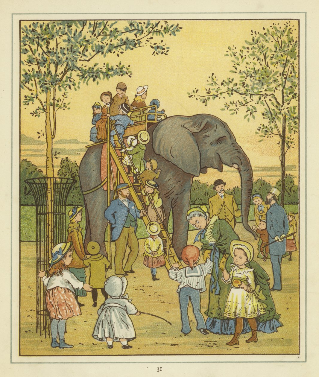 Een groep mensen in de Londense dierentuin naast een olifant die ritjes geeft door Thomas Crane