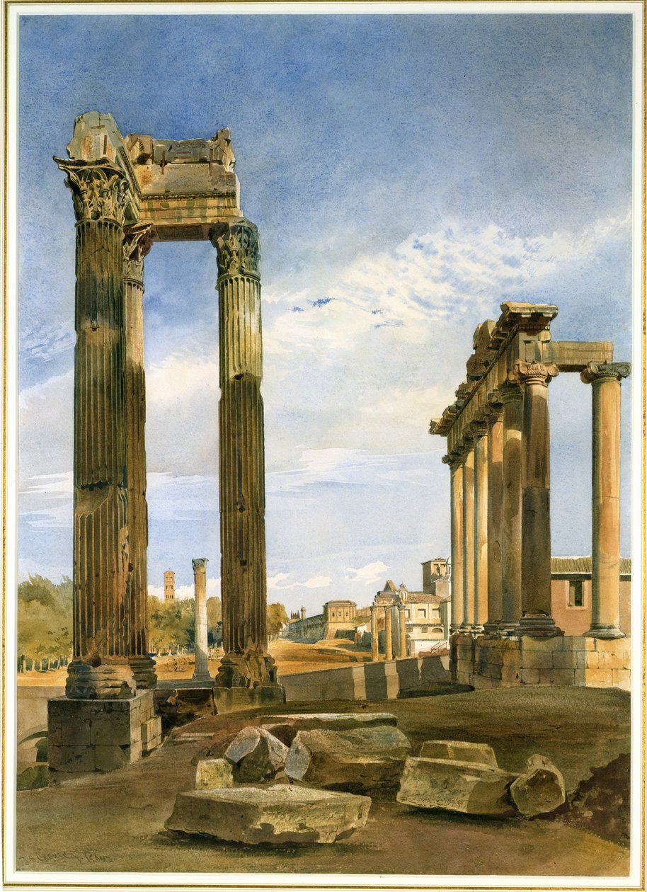 De Tempels van Vespasianus en Saturnus, met de Tempel van Castor Verderop, het Forum, Rome door Thomas Hartley Cromek