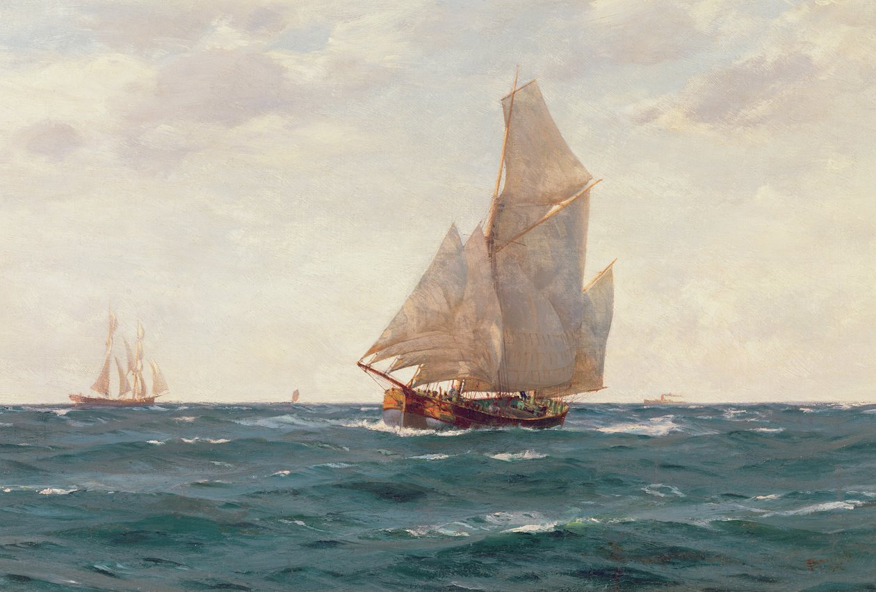 Een Ketch en een Brigantijn voor de kust, c.1905 door Thomas J. Somerscales