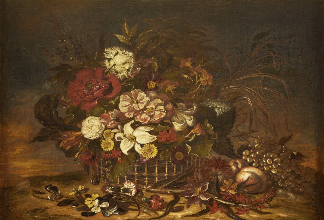 Bloemen in een Mand met Fruit door Thomas Lister
