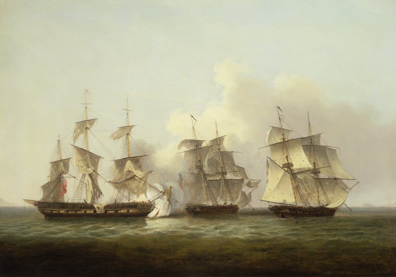 HMS Gore in actie met de Franse brikken Palinure en Pilade door Thomas Luny