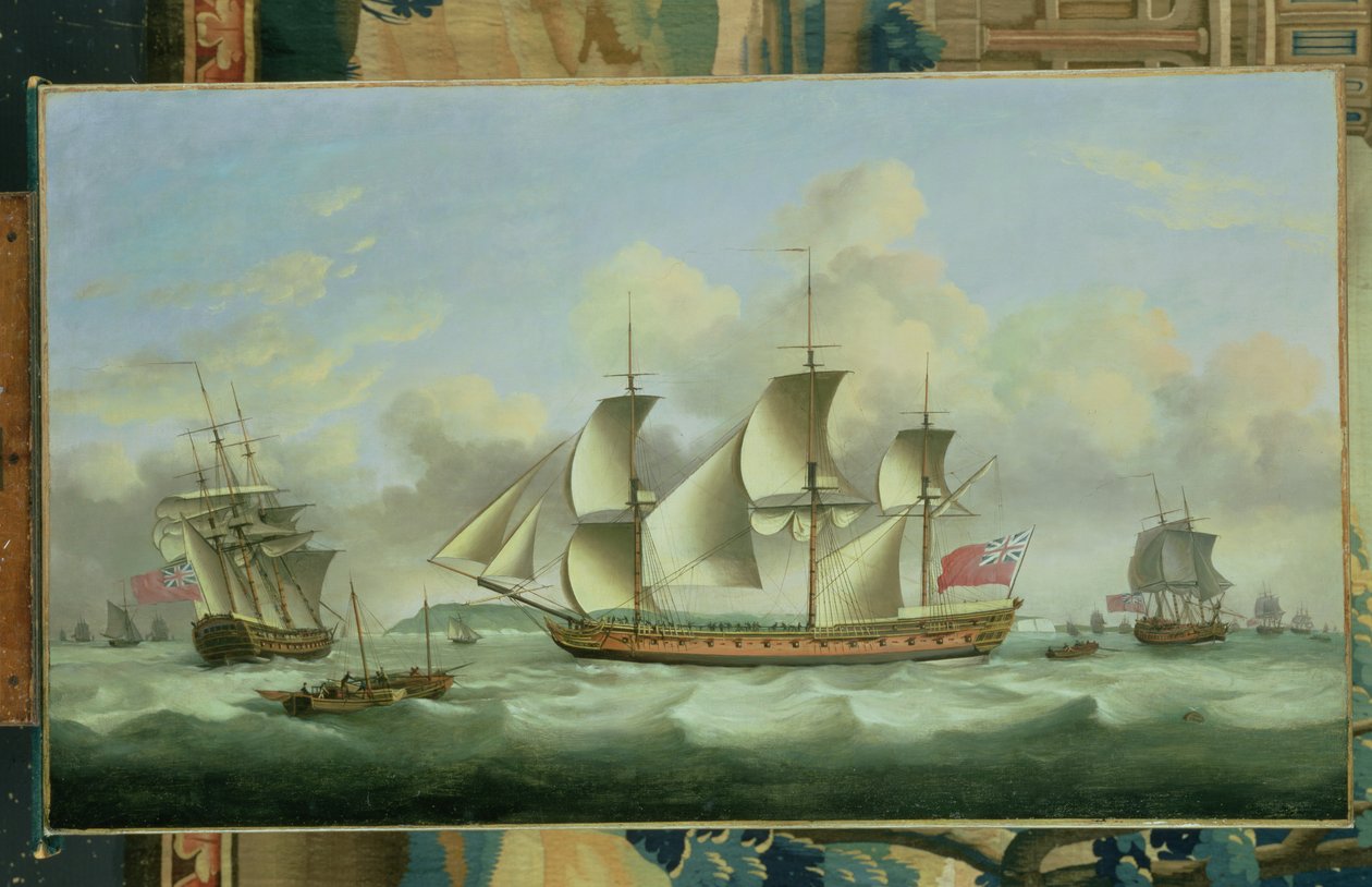 Drie Britse fregatten voor de kust, 1782 door Thomas Luny