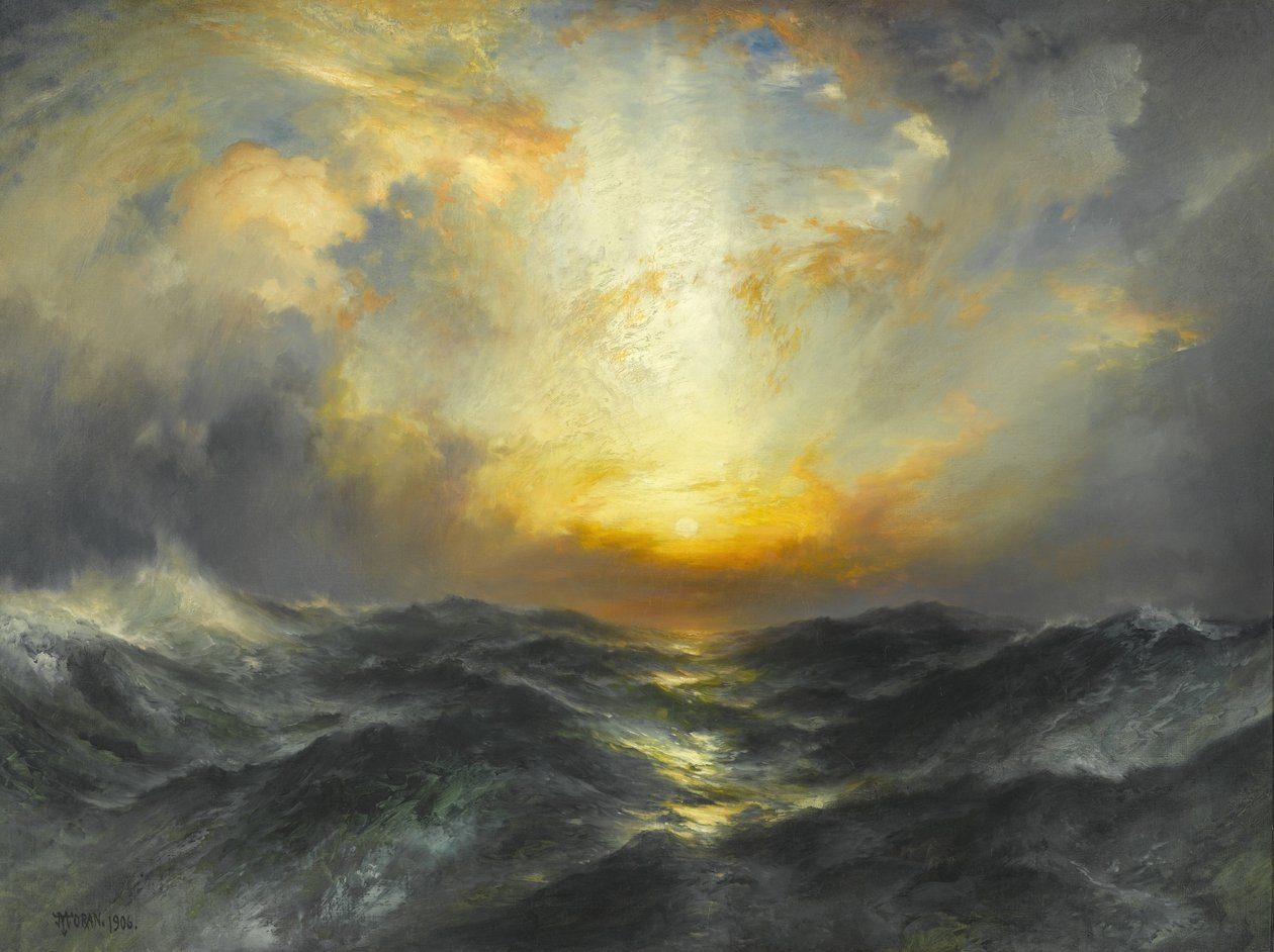 Zonsondergang op zee, 1906 door Thomas Moran