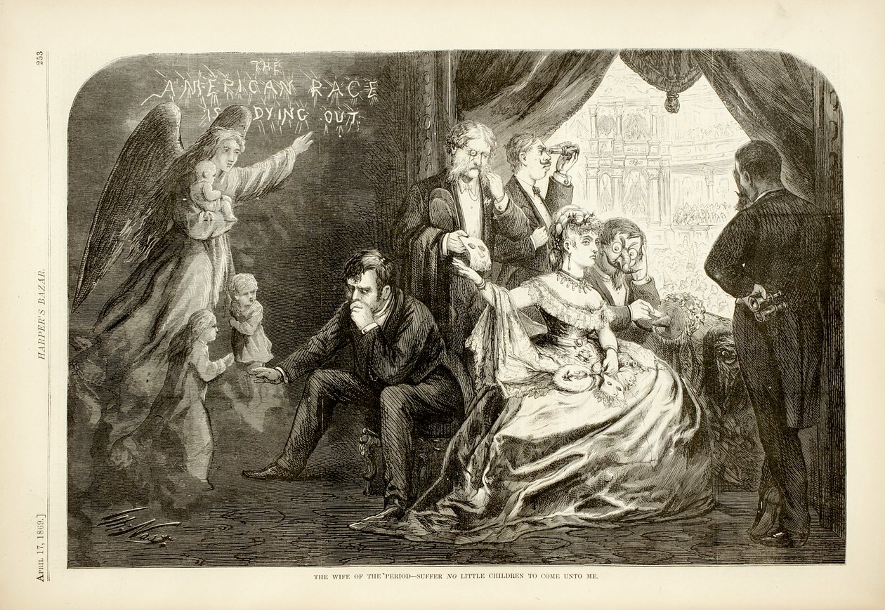 De vrouw van de periode - Laat geen kleine kinderen tot mij komen, 1869 (houtsnede) door Thomas Nast
