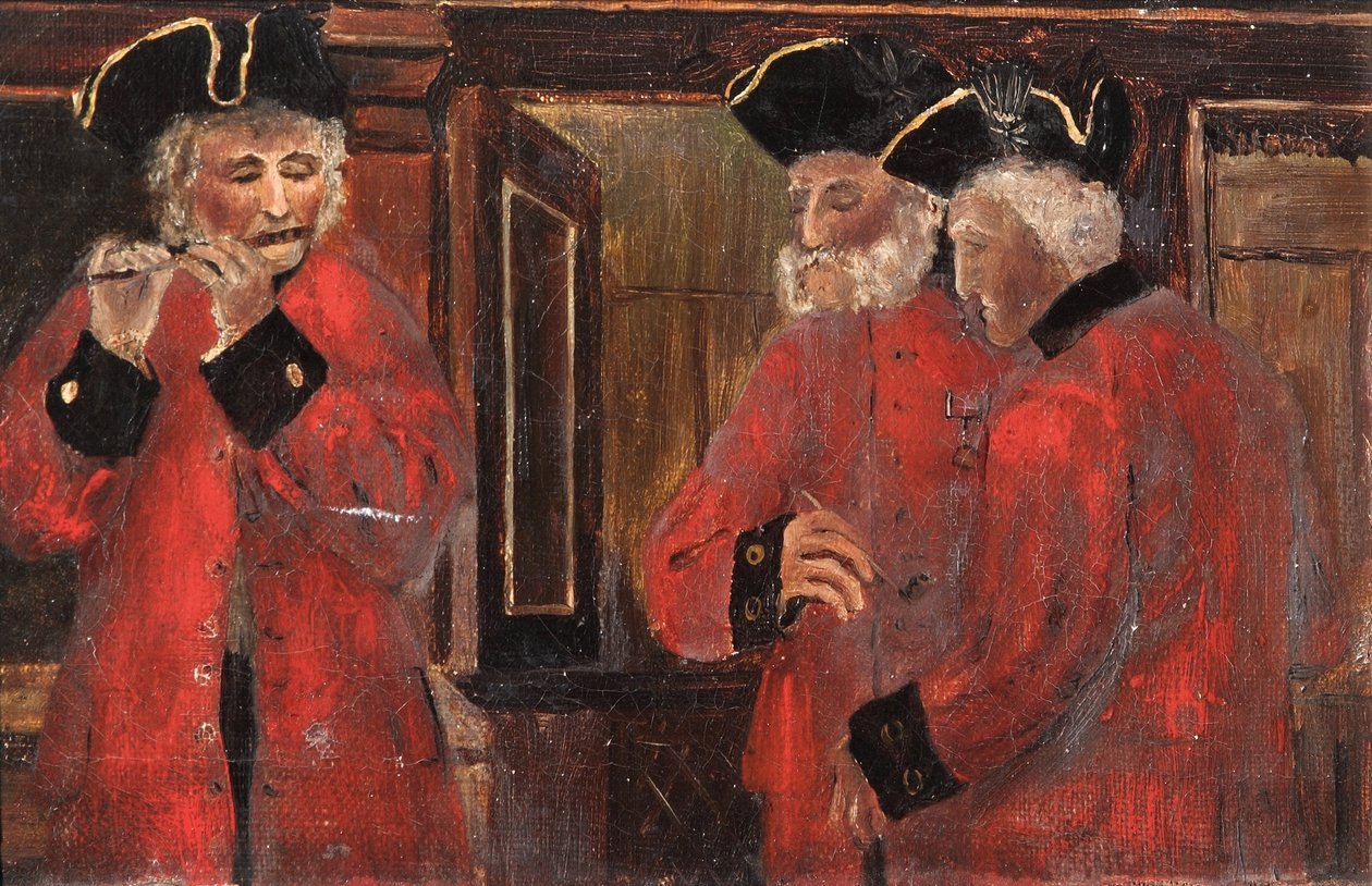 Drie Chelsea-pensionarissen in de zaal, 1885 door Thomas Parkins