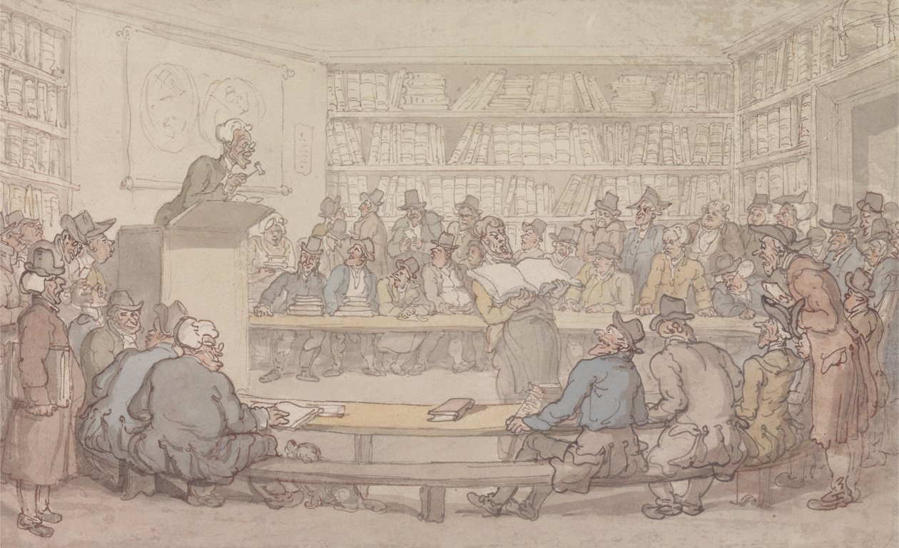 Een boekenveiling door Thomas Rowlandson