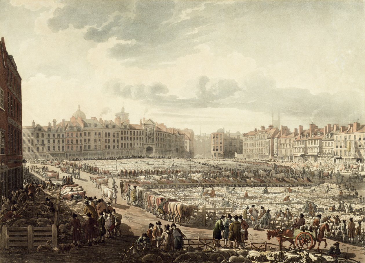 Vogelvlucht van Smithfield Market door Thomas Rowlandson