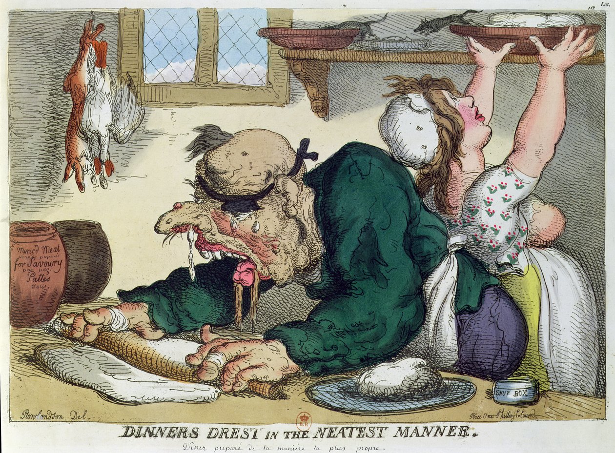 Diners gekleed op de netste manier, satirische cartoon over culinaire hygiëne door Thomas Rowlandson