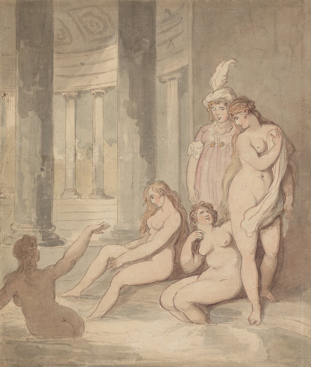 Nimfen bij een Romeins bad door Thomas Rowlandson