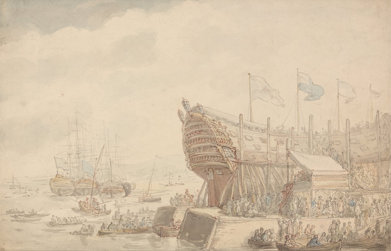 De tewaterlating van H.M.S. Hibernia 1804 door Thomas Rowlandson