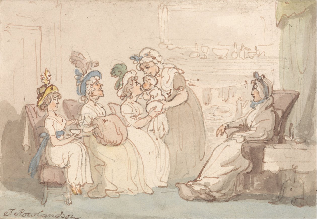 De bezoekers die de baby zien door Thomas Rowlandson