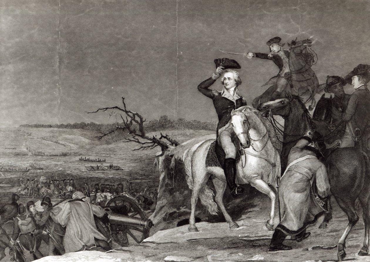 De oversteek van de Delaware in 1776, gegraveerd door J.N. Gimbrede voor 