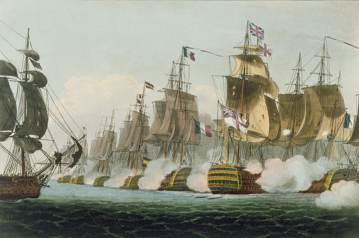 De Slag bij Trafalgar, 21 oktober 1805, gegraveerd door Thomas Sutherland voor J. Jenkins