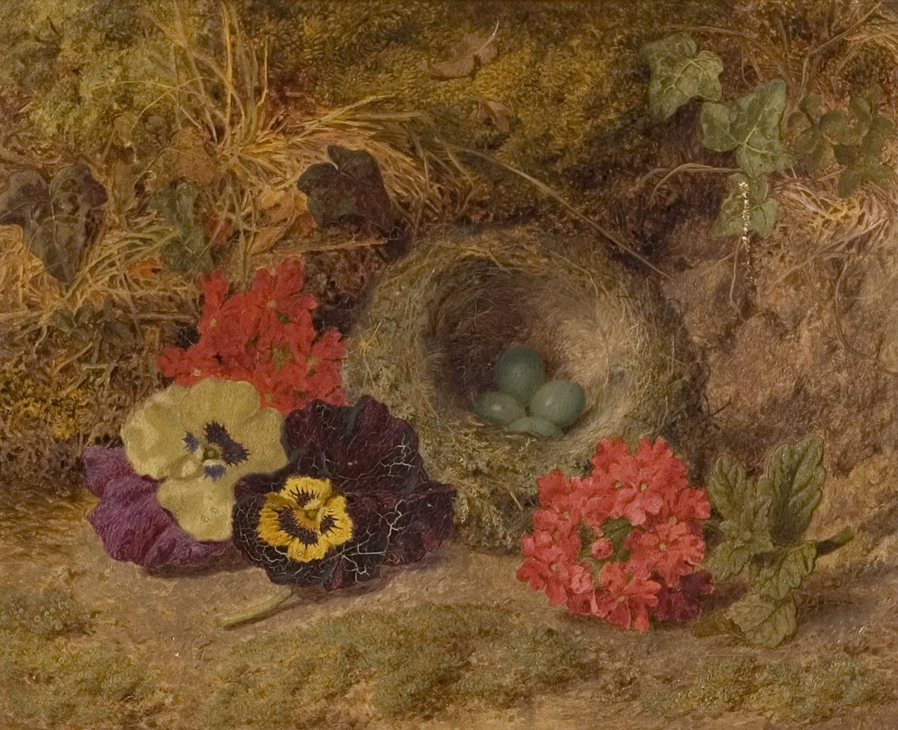 Een vogelnest, viooltjes en verbena, eind 19e eeuw door Thomas Worsey