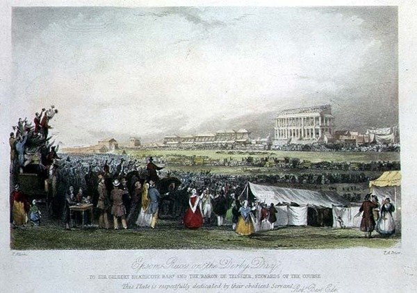 Epsom Races op Derby Day, 1841 door Thomas Allom