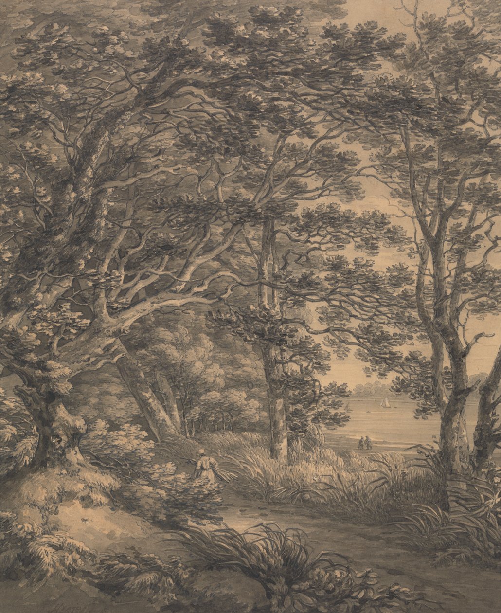 Rivierlandschap met figuren door Thomas Hearne
