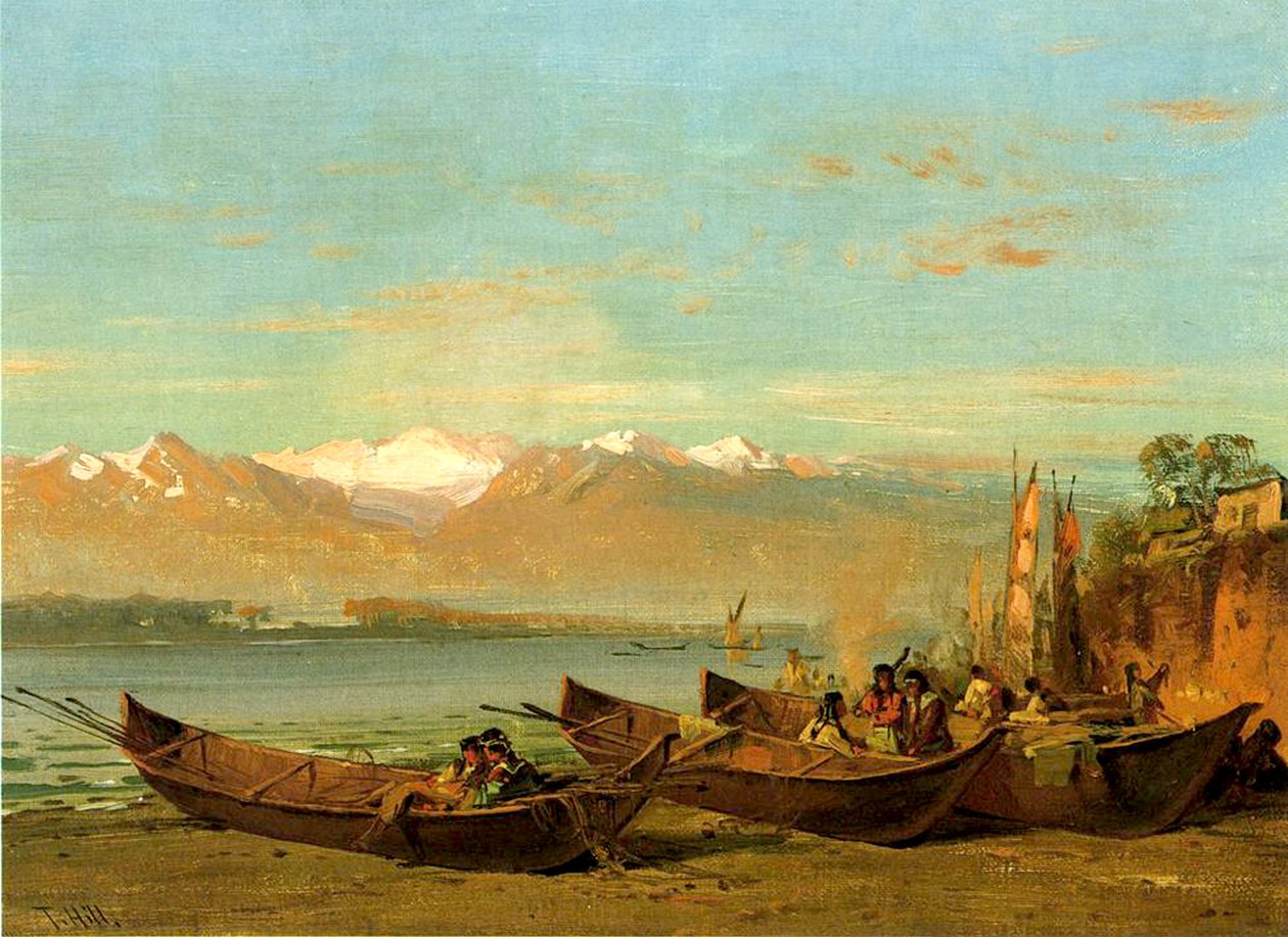 Het zalmfestival, Columbia River, ca. 1888 door Thomas Hill