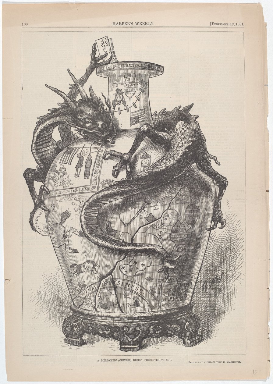 Een diplomatiek (Chinees) ontwerp gepresenteerd aan de VS door Thomas Nast