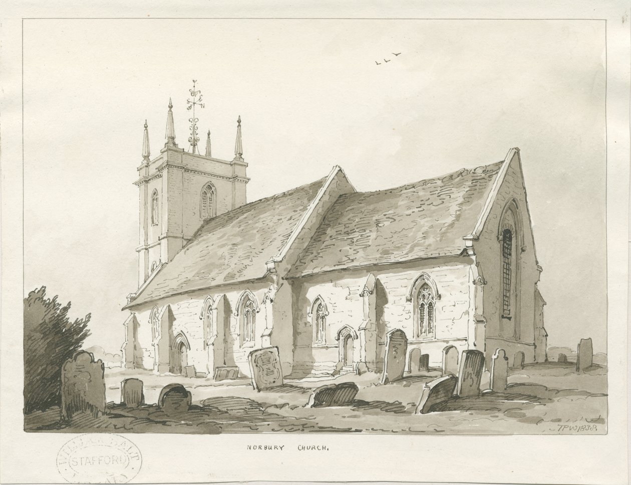 Norbury Kerk: sepia wash tekening door Thomas Peploe Wood