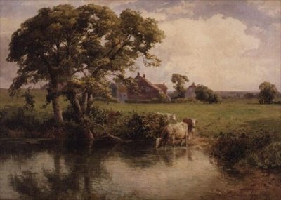 Vee dat drinkt bij een boerderij door Thomas Pyne