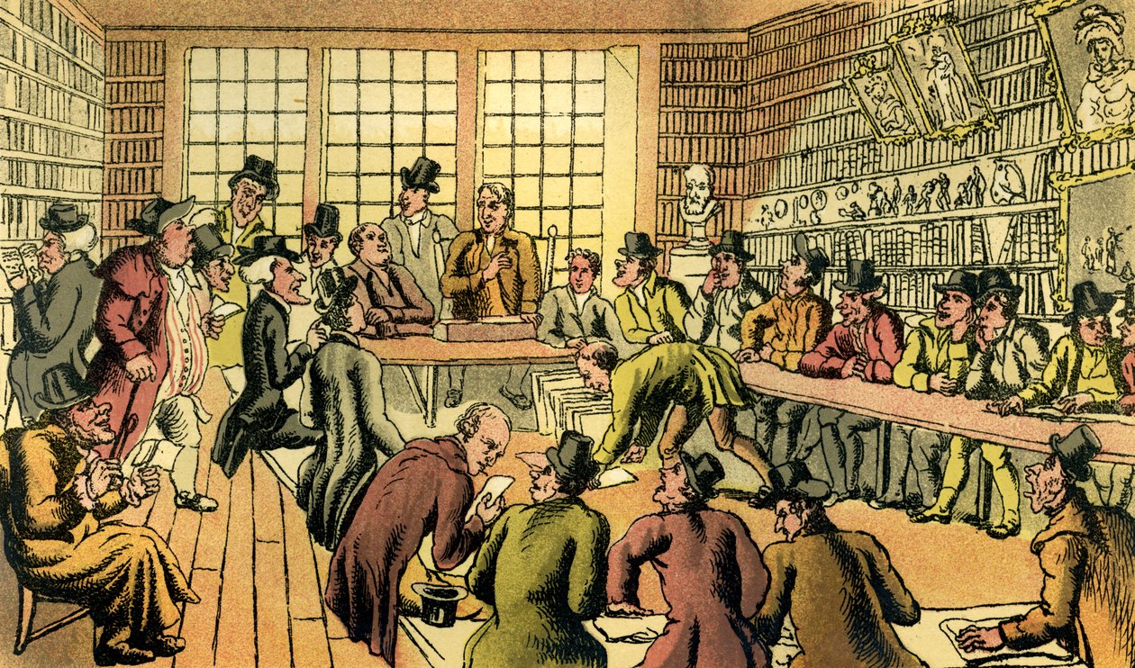 Dr. Syntax bij een veiling door Thomas Rowlandson